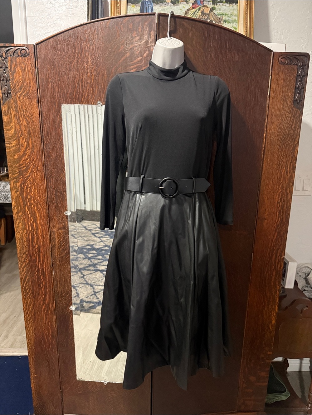 Calvin Klein Classic Black Mock-Neck Fit & Flare Dress with Belt Pleather skirt